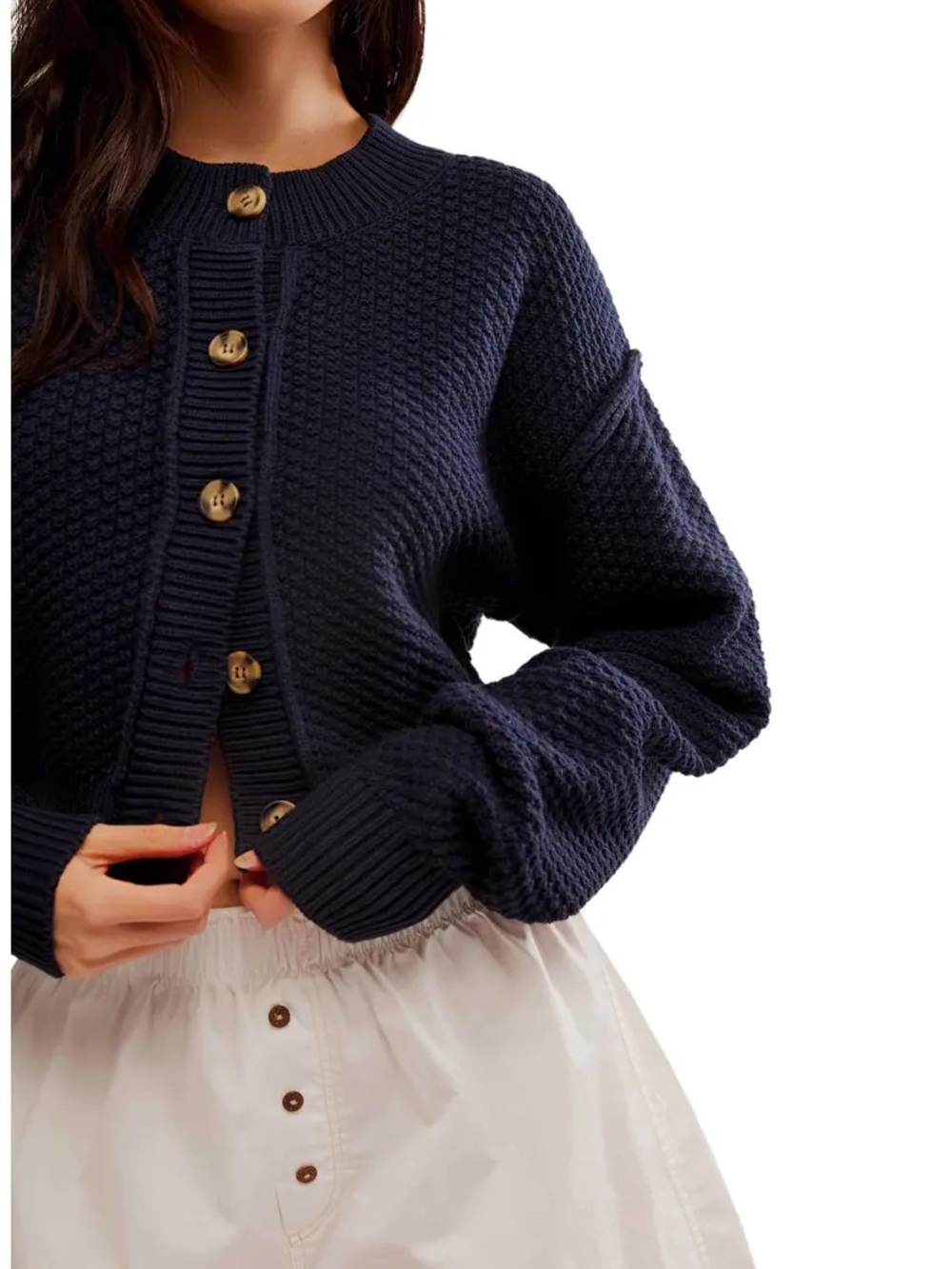 FREE PEOPLE 'Lila' Crop Cardigan $98 Sky Captain Navy Blue Knit Soft XS